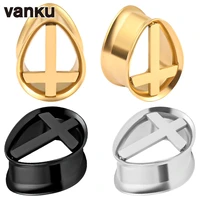 vanku 2pcs latest stainless steel water drop cross ear gauges stretchers body piercing jewelry earring tunnels plugs expanders