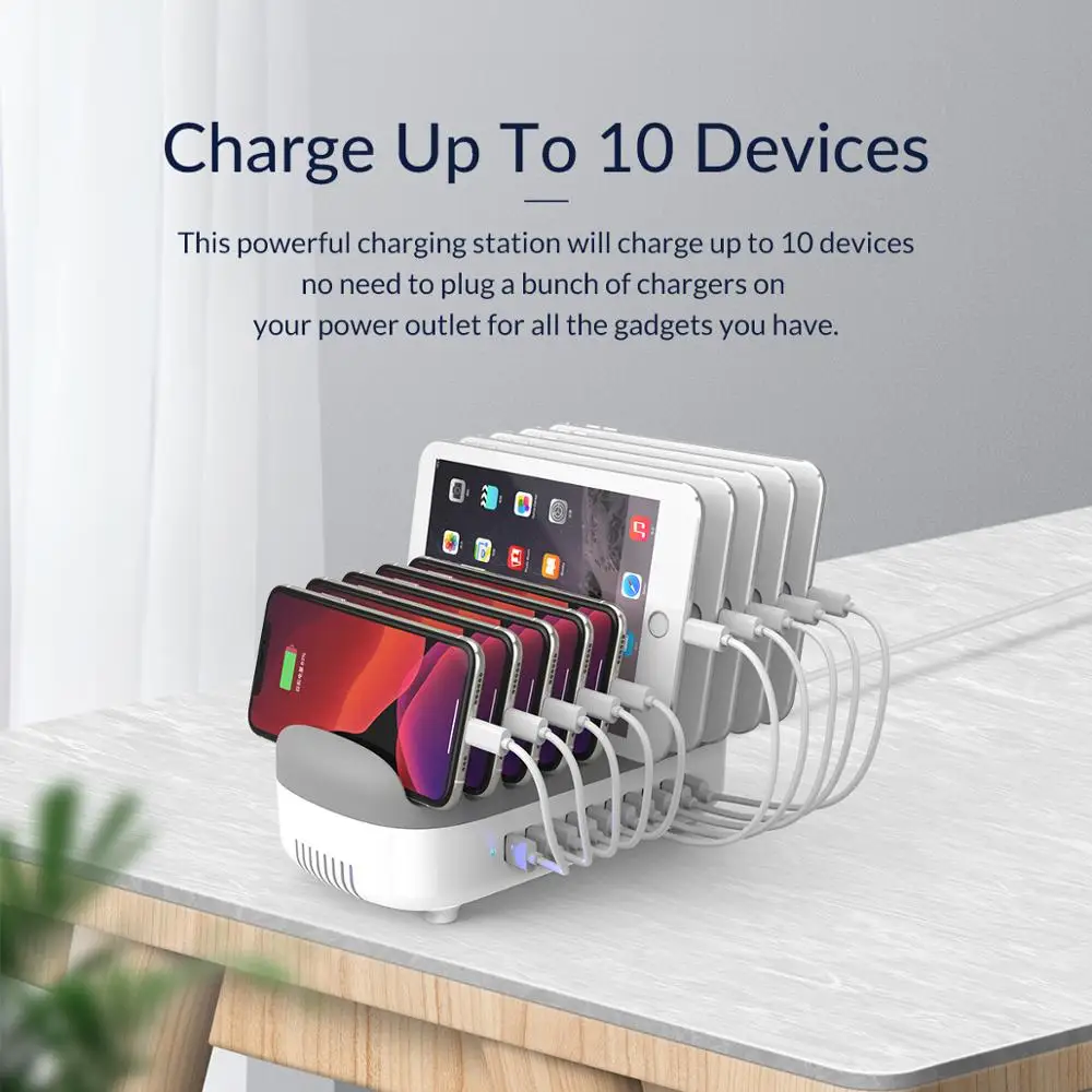 Зарядная док-станция ORICO 10 USB-портов 120 Вт 5 В 2 4 А бесплатных кабелей для iPhone Samsung