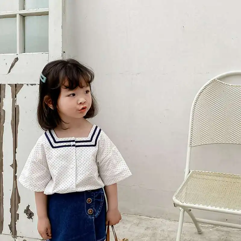 Новинка лета 2020 рубашка для девочек в морском стиле топ горошек с маленьким