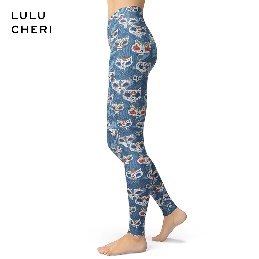Женские леггинсы с рисунком животных черепа кошки мягкие брюки начесом