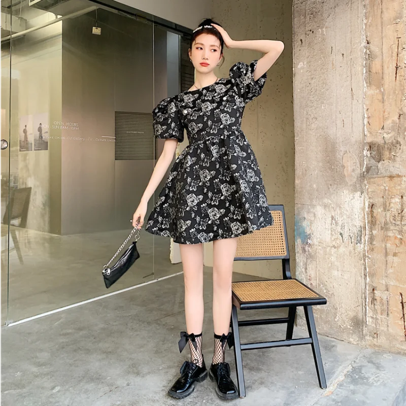 

Kimotimo Vintage Embroidery Dress Women Korean O-neck Short Sleeve Elegant Age Reduction A-Line Short Princess Dress 2021 Summer