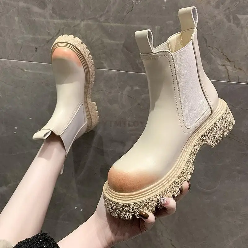

Ladies Platform Boots Leather Round Toe Chunky Chelsea Women Spring Fashion All Match Rubber Non Slip Shoes Ytmtloy Botines
