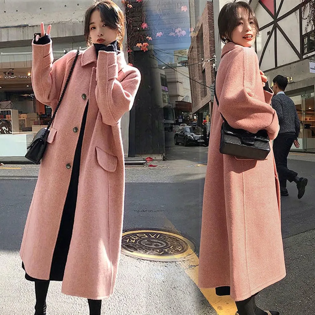 Women Work Solid Vintage Winter Office Long Sleeve Button Woolen Jacket Coat