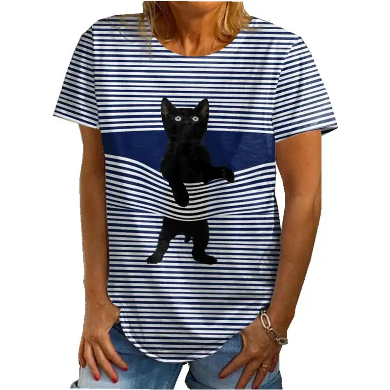 

NEW Women Summer T-shirt Naughty Cat 3D Print Tops Casual O-Neck Striped Tee Loose Cartoon Top Streetwear Clothes