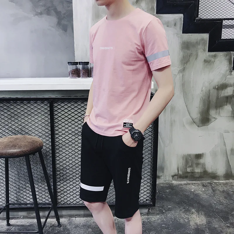 

Men's suit new spring and summer men's youth sports two piece set fashion simple short sleeve T-shirt and pant matching