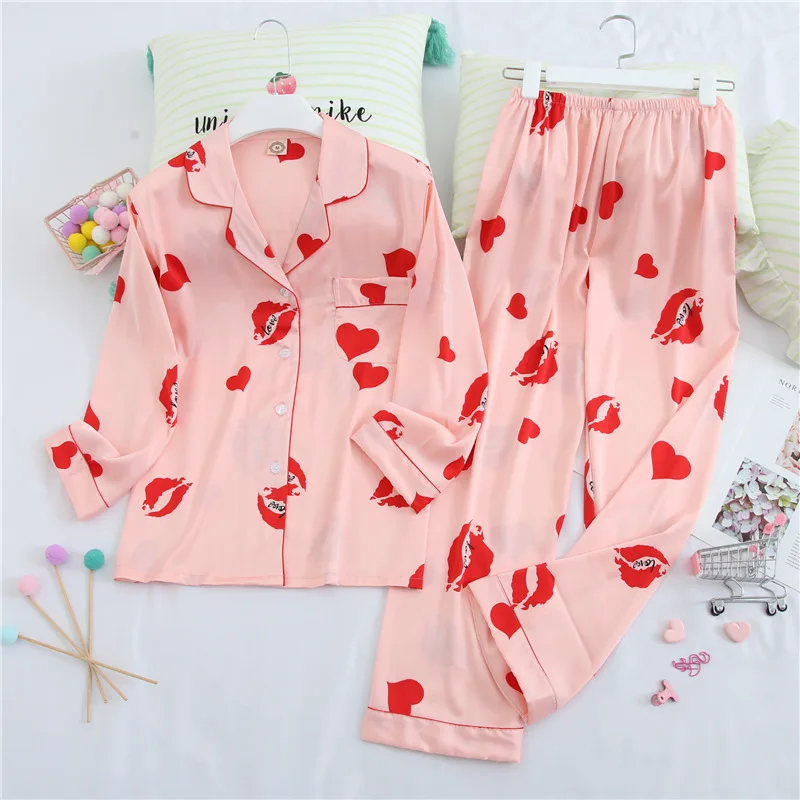 Создание 101 шелковые пижамы для женщин милый фруктовый принт с длинными рукавами