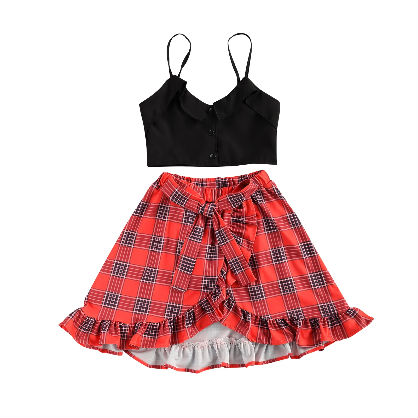 

2021 0-6Y Fashion Kids Baby Girl Clothing Black Solid V Neck Top Vest+Plaid Print Ruffle Pleated Long Skirt Casual Summer Outfit