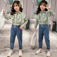 spring girls clothing sets autumn casual girls plaid long sleeve shirt topjeans 2pcs sport suits kids clothes 4 6 8 10 12 years