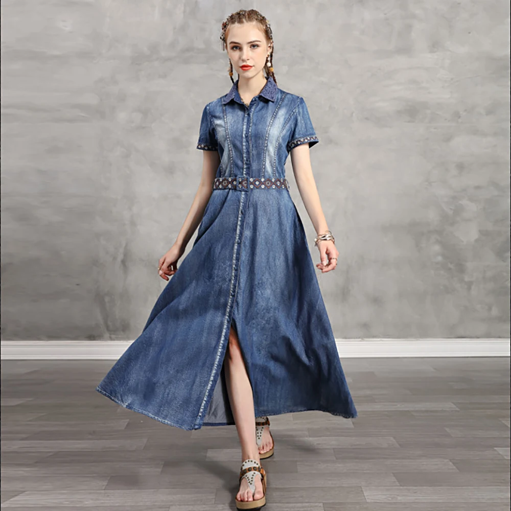 Женское длинное джинсовое платье синее макси с отложным воротником высокой