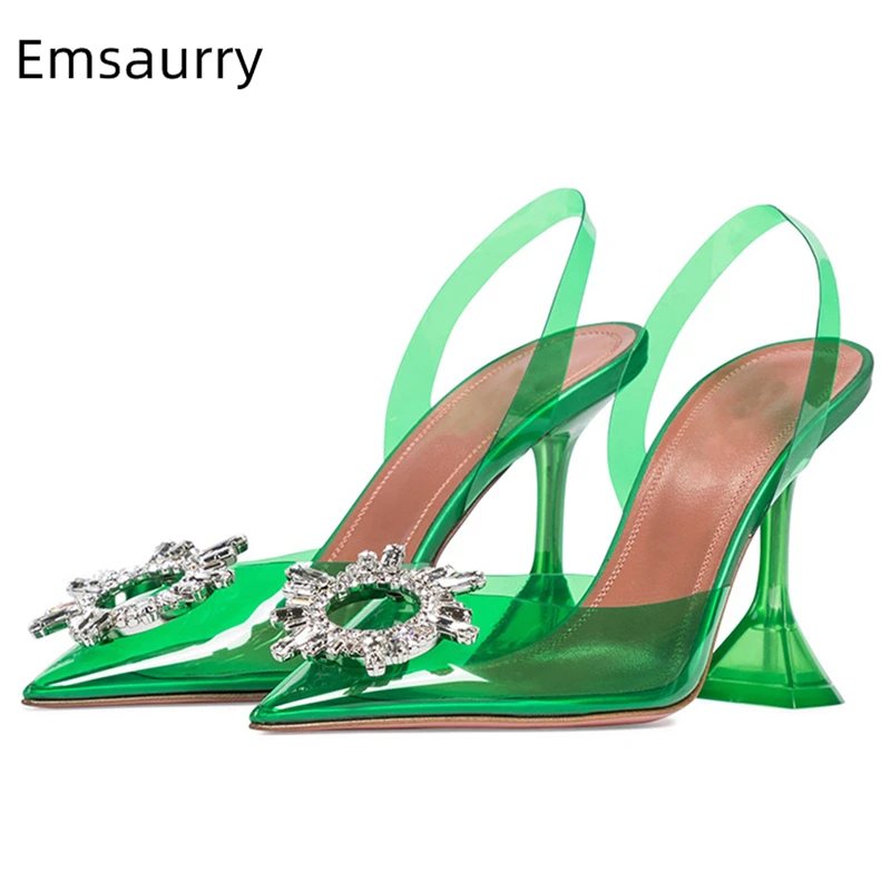 

Прозрачные Сандалии желеобразного цвета из ПВХ для девочек, женские Босоножки на каблуке, с острым носком и кристаллами Стразы, летняя обув...