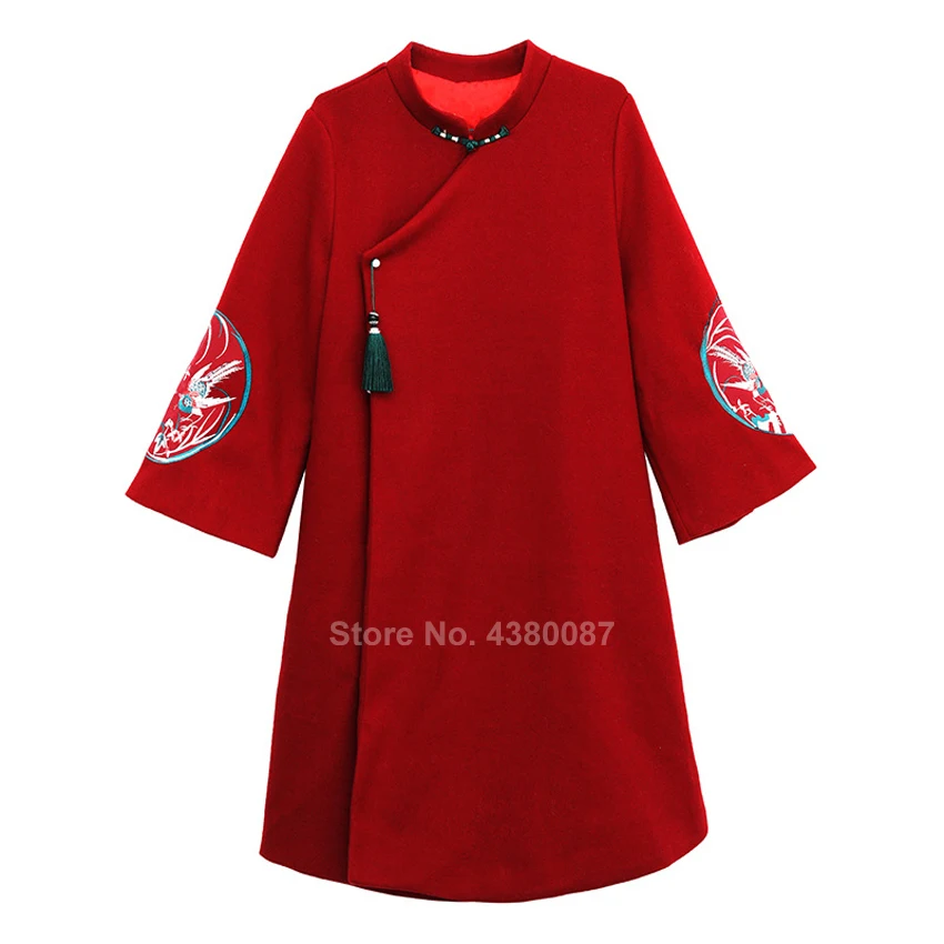 

2020 Women Winter Coats Traditional Chinese Clothing Winter Thick Cheongsam Dresses Crane Embroidery Vintage Wool Qipao New Year
