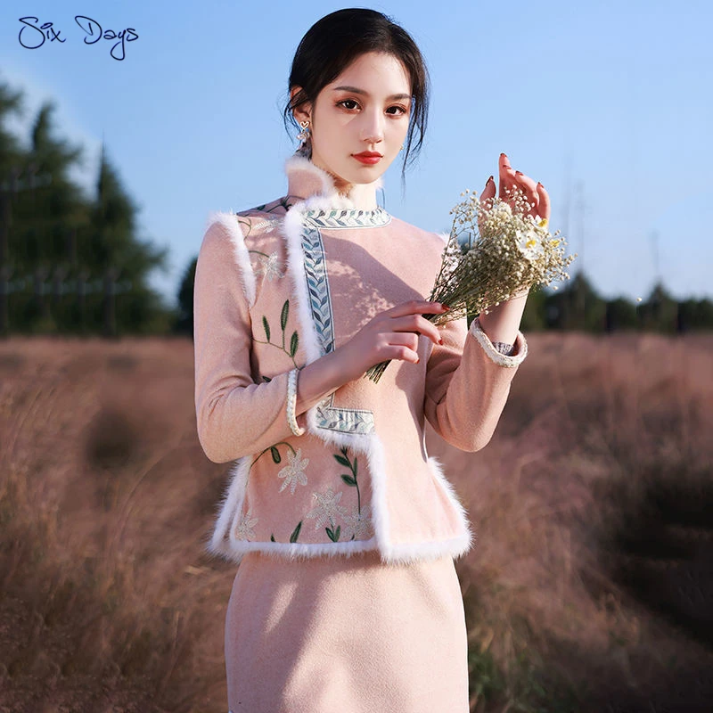 

Retro Women Woolen Pink Dress Young Chinese Modern Qipao Suit Winter Dress Vintage Grace Cheongsam Casual Party Lady Vestidos