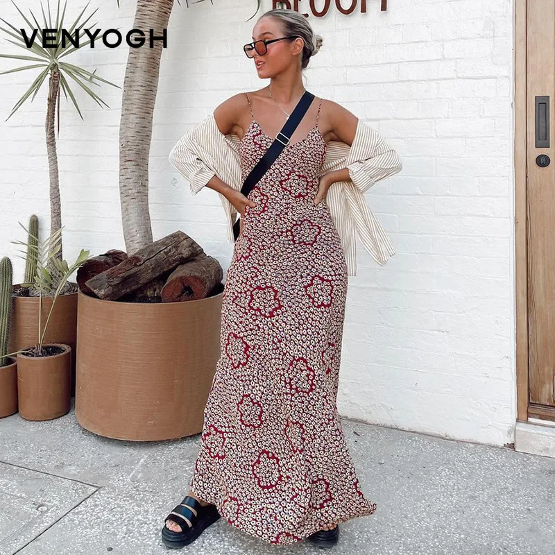 

Venyogh Fashion Women's Wear Dress Floral Fresh European and American Street Shot Temperament Camisole Women Boho Long Maxi