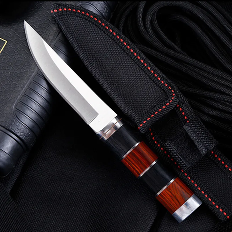 

Portable Fixed Blade Knife Hiking Camping Hunting Rescue Edc Tools Wood Handle 3Cr13 Stainless Steel Straight Nylon K Sheath