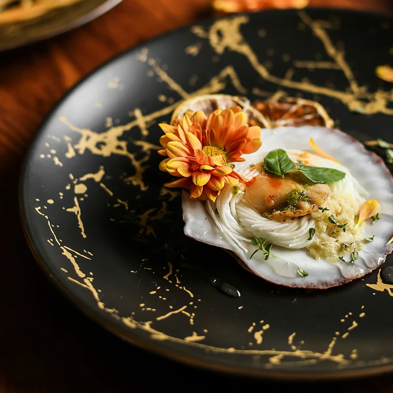 

Marble Ceramic Plate Round Dishes Nordic Style Household Dinnerware Steak Dish Pizza Plate Cake Dessert Plate Black