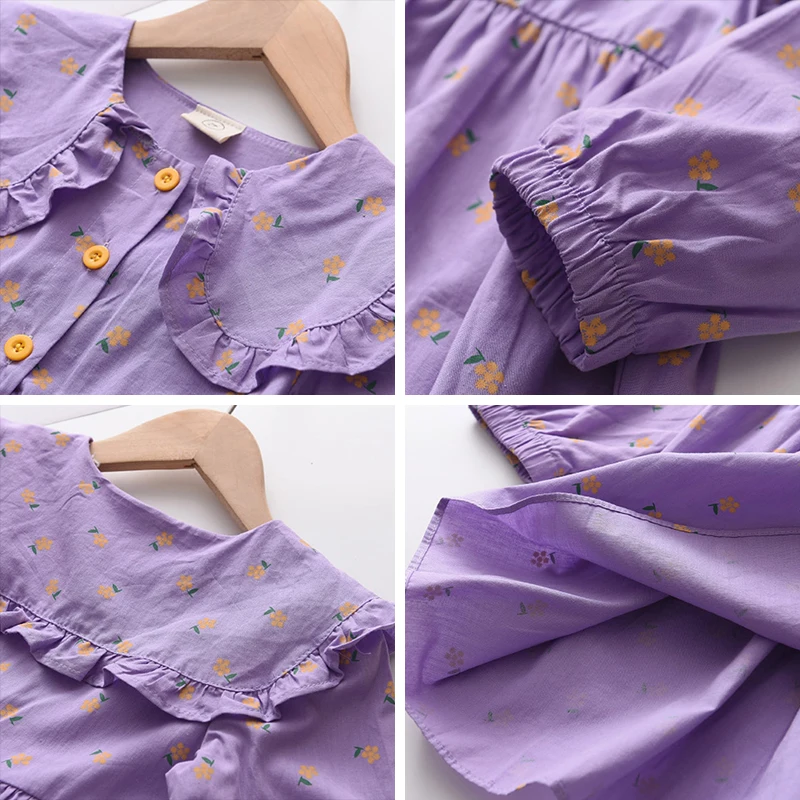 

Girls Dress 2021 New Spring Autumn Children Long Sleeve Turn-down Collar Dress Clothes Purple Elegant Floral Princess Dress 2-7T