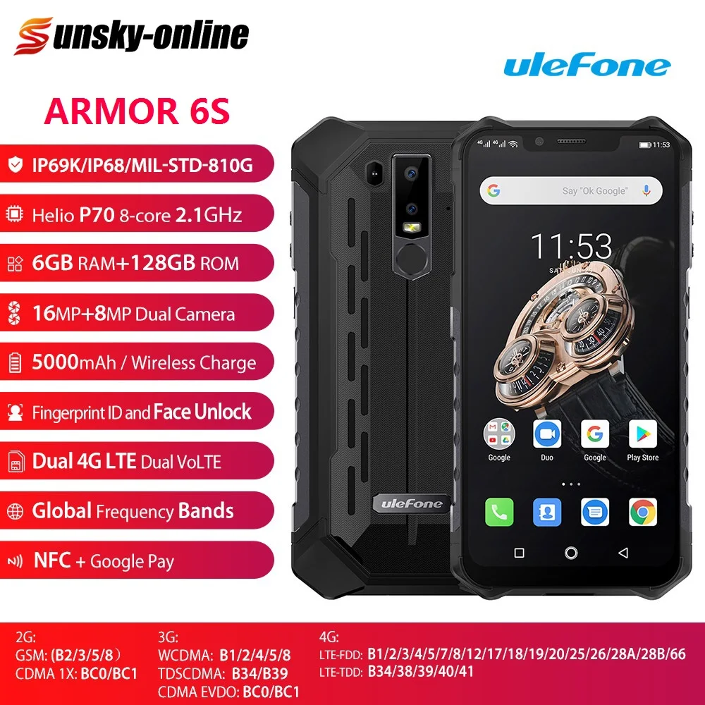 Ulefone Armor 6S IP68 водонепроницаемый прочный смартфон 6GB+ 128GB 6," 16MP+ 8MP 5000mhA с функцией распознавания лица, Беспроводная зарядка, мобильный телефон