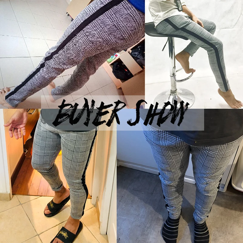 Casual Mens Chinos Cotton Slim Fit Men Pants Trousers Skinny Chinos Pants Grey Ankle Length Streetwear Plaid Side Stripe Pants