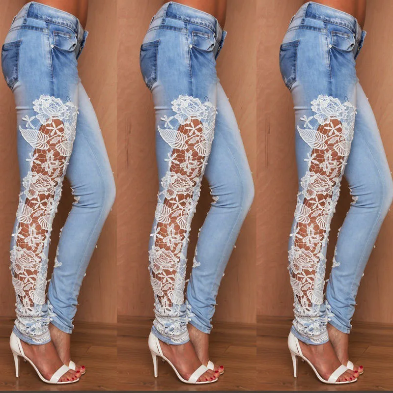 

Белые кружевные лоскутные женские джинсы, Горячие сексуальные джинсовые брюки, обтягивающие женские узкие брюки размера плюс, Стрейчевые п...