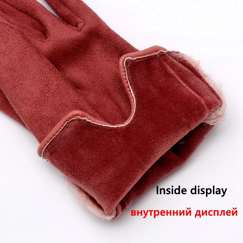Зимние женские теплые замшевые Роскошные перчатки с красным камнем двойные толстые женские перчатки для вождения с сенсорным экраном luvas