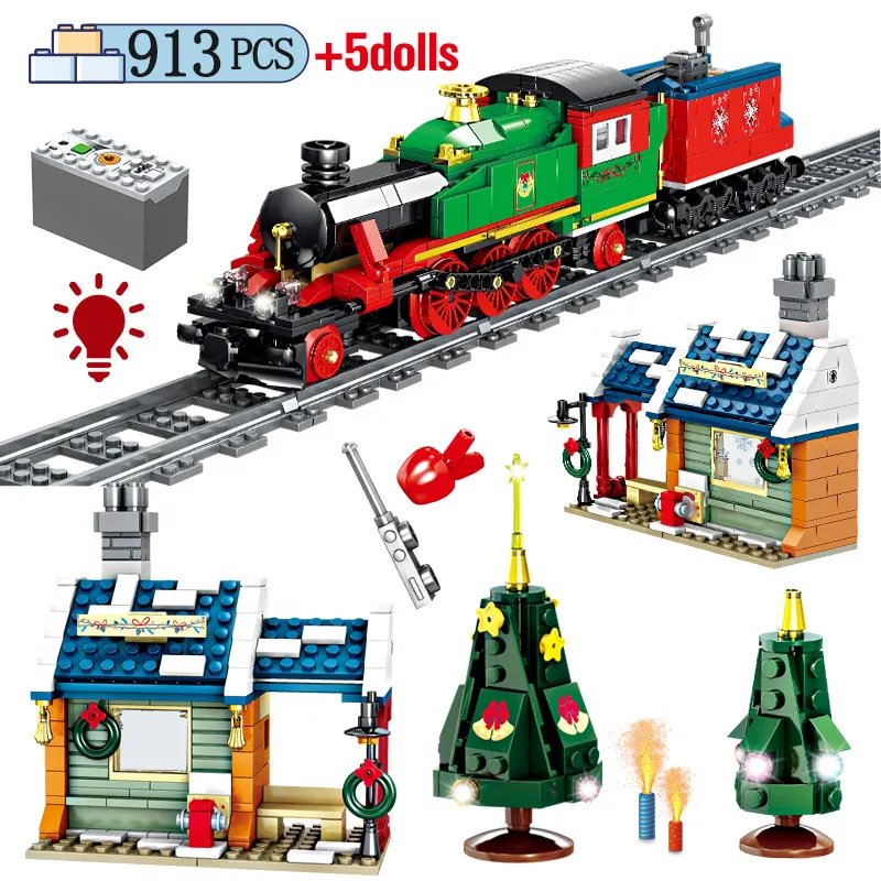 

City Technical Electric Track Train Building Blocks LED Railway Car House Figures Bricks Christmas gift Toy for Children