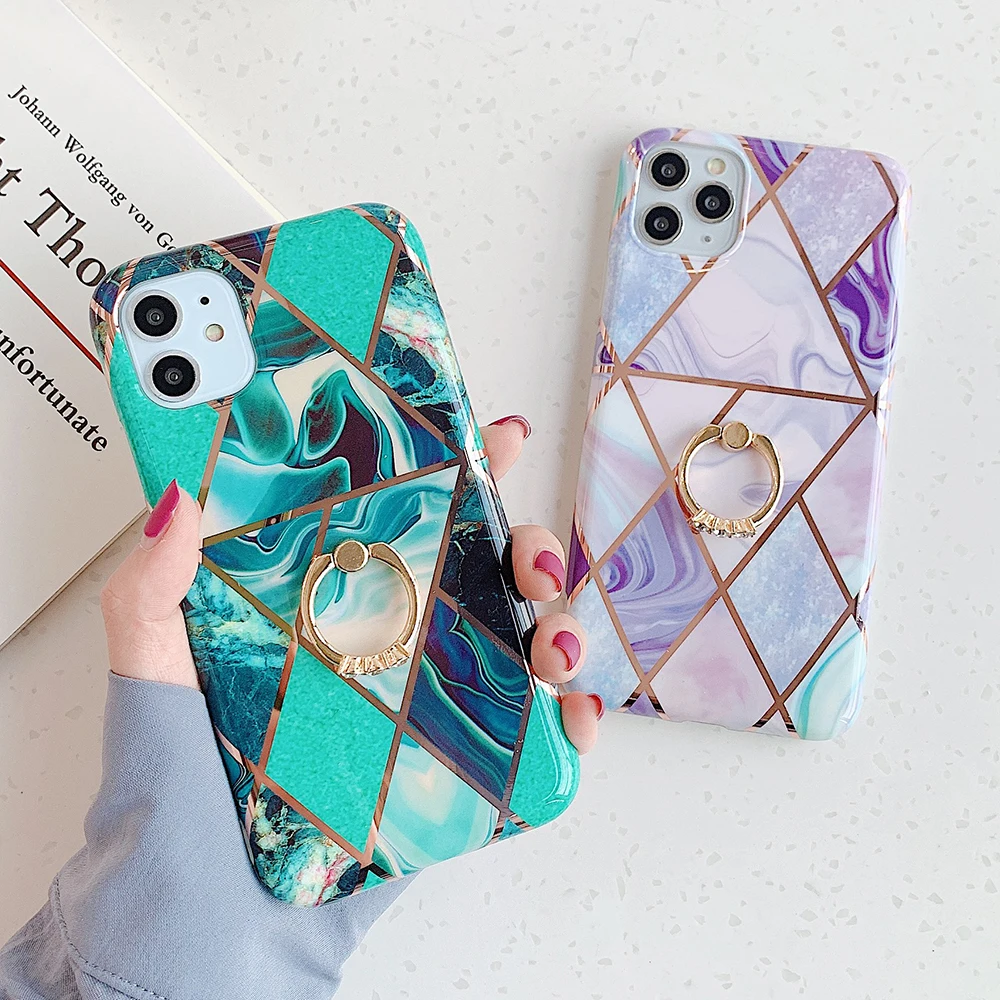 Geometric Splice Marble Finger Ring Phone Case For iPhone 11 Pro Max XR XS 7 8 6 Plus Soft IMD Plated Line Cover | Мобильные