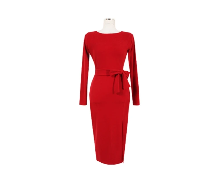 

Solid Color Fashion Autumn 2020 New Temperament Women's Mid-long Slim Dress Korean Slim Slim Slim Split Bow Hip Bottoming Dress