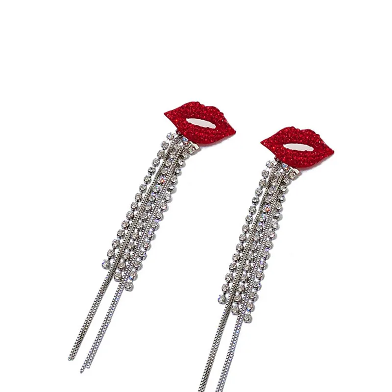 Женские серьги с бахромой и кристаллами красными подвеска губы корейский стиль