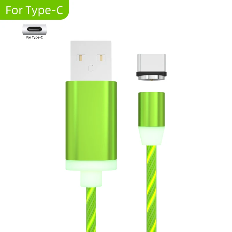 Магнитный светодиодный светящийся зарядный кабель USB type C/Micro USB/8 контактный кабель для зарядки для iPhone X XS для samsung S9 S8 зарядный кабель - Цвет: Green For Type C