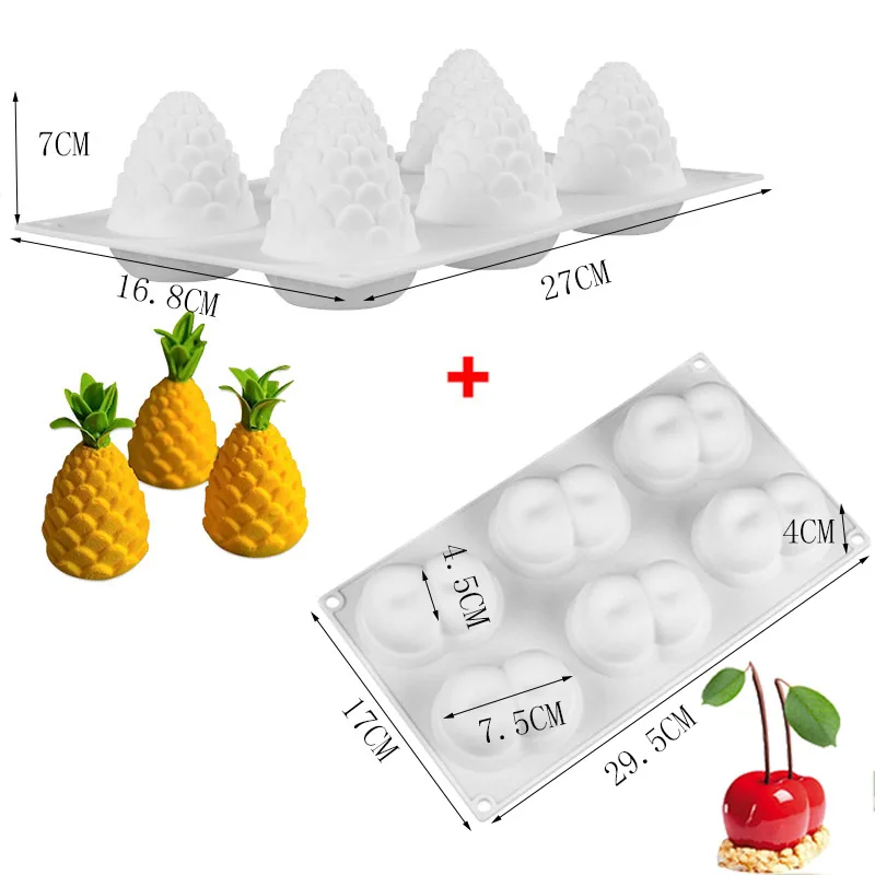 Pineapple and Cherry 3D силиконовая форма для торта в форме фруктов, форма для мусса, десерта, форма для яблока, лимона, груши, печенья, шоколада, формы для выпечки, сделай сам, противень для выпечки - Цвет: Pineapple and Cherry