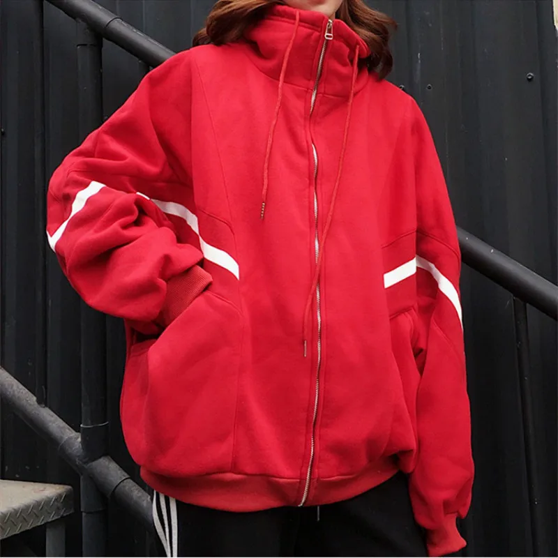 

Hoodies Women Turtleneck Zipper Harajuku Loose Leisure Trendy Simple Hip Hop Womens Clothing Streetwear Thickening Striped Chic