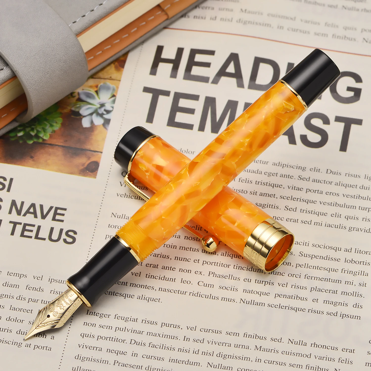 Jinhao 100 14K Gold Resin Fountain Pen Orange Fine Nib 0.5mm with Golden Clip Converter Writing Business Office Gift Ink Pen