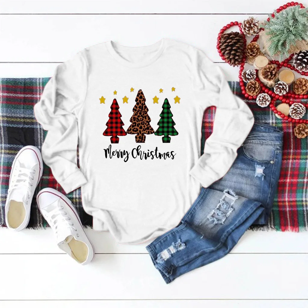 Рождественская женская футболка с длинным рукавом 2019 Мода Осень Зима размера