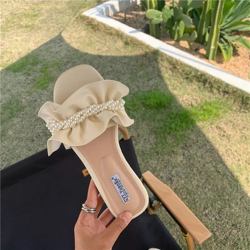 

Female Shoes Ladies' Slippers String Bead Luxury Slides 2021 Designer Flat Summer Fabric Rome PU Basic Rubber Sweet String Bead