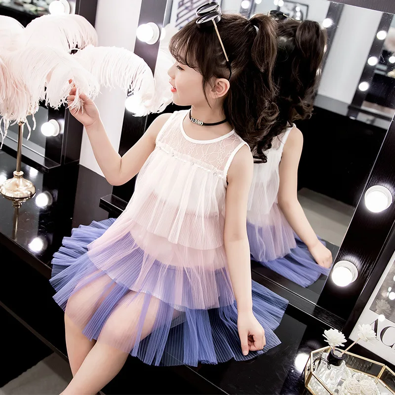 rainbow tulle dress age for 3 - 12 yrs little girls colorful 2019 new summer ruffle lace sleeveless baby vest frocks | Детская одежда и