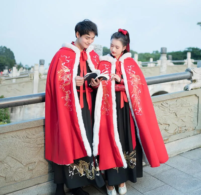 Накидка Hanfu для пар Китайская традиционная зимняя плотная черная бархатная