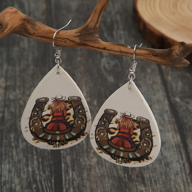 

New European and American Retro Water Drop Western Cowboy Leather Earrings Horseshoe Double-sided Printing Pu Earrings Wholesale