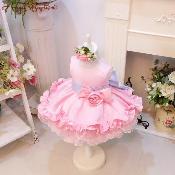 Ball gown kids floral cupcake dresses pink ruffles infant baby first birthday party dress girl celebration outfit  - buy with discount