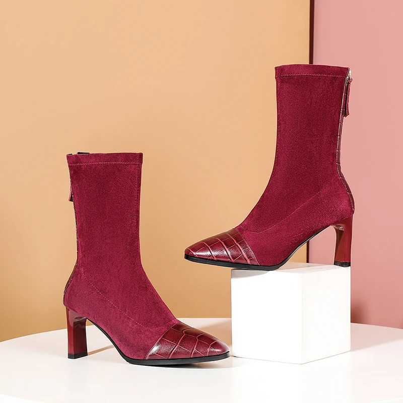 

Sexy Genuine Leather High Heels ladies boots Fashion back Zipper Women Boots 2020 Autumn Winter Party dress Shoes Woman