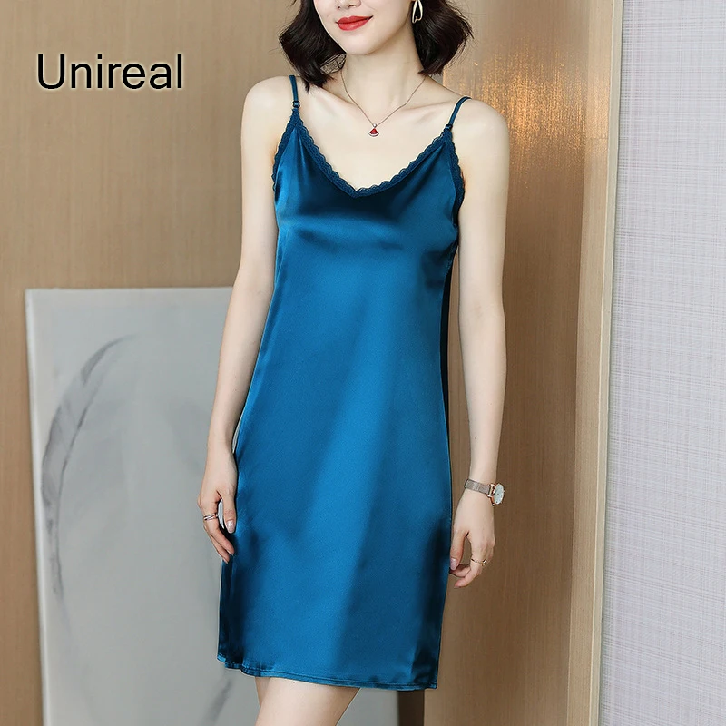 

Unireal 2020 Summer Women Satin Slip Dress Sexy Spaghetti Strap Silk Short Dress