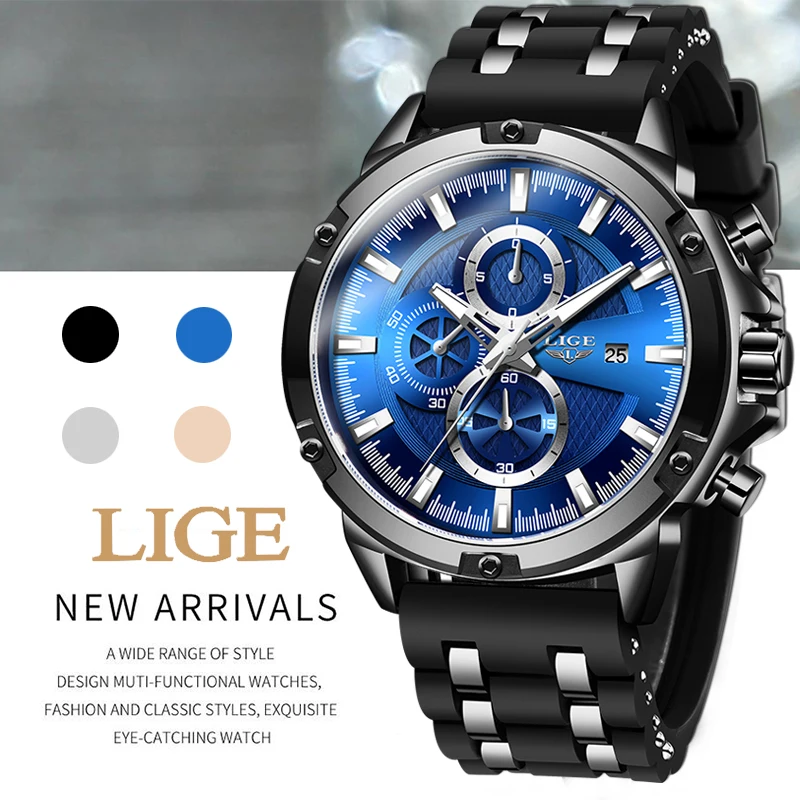 

LIGE Hot Men Watch Fashion Chronograph Military Sport Waterproof Clock Top Brand Luxury Silicagel Wristwatch Relogio Masculino