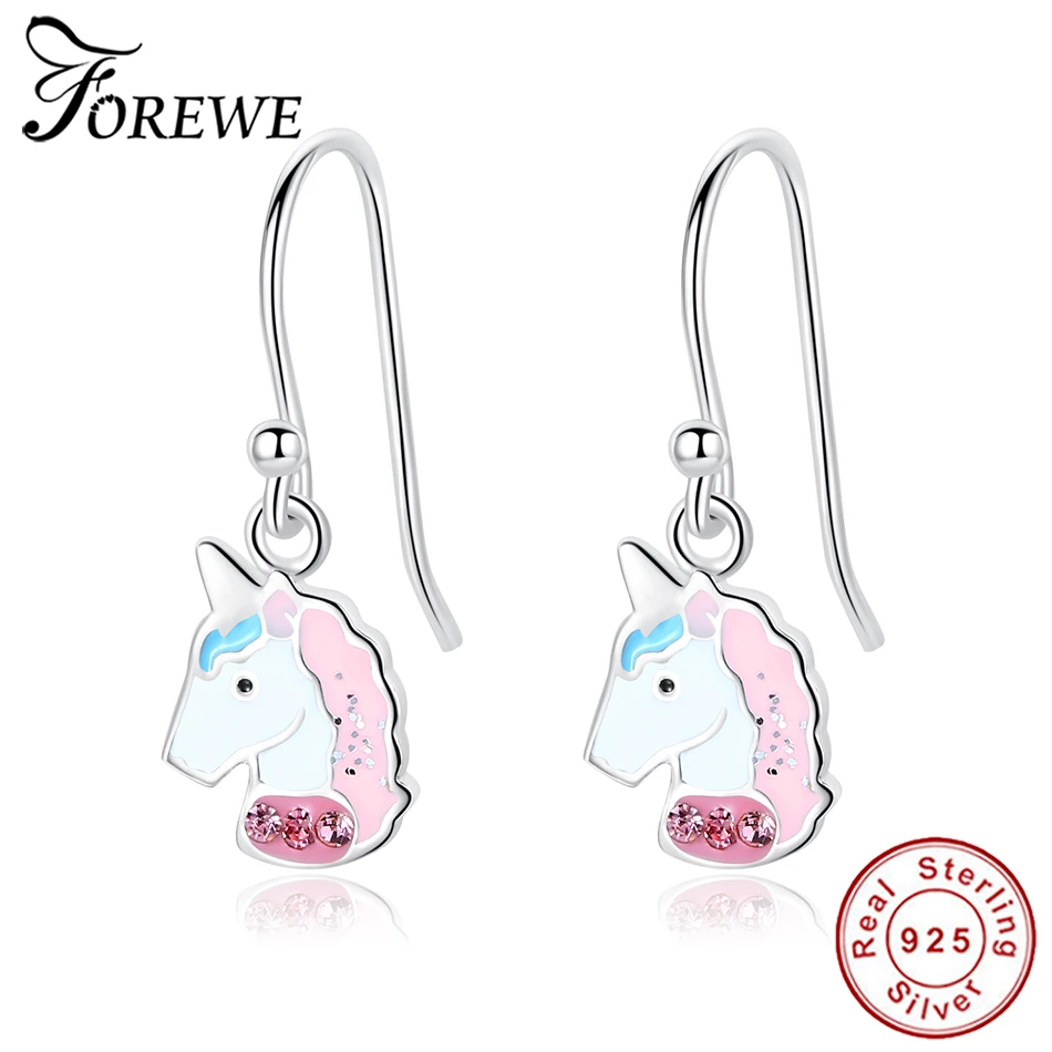 Модные милые розовые серьги гвоздики с единорогом из стерлингового серебра 925