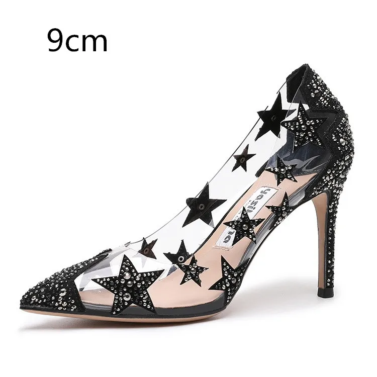 Black-9cm heel Г., женские туфли-лодочки со стразами женские свадебные туфли на высоком тонком каблуке из прозрачного ПВХ женские элегантные вечерние туфли с острым носком - Цвет: Black-9cm heel