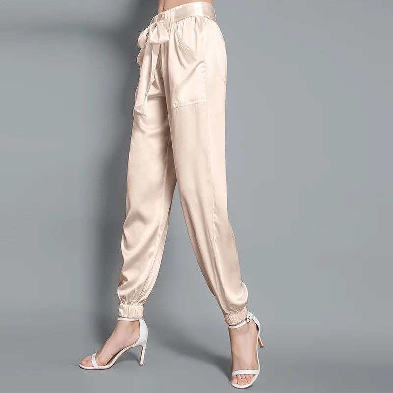 Elastic satin 19 momme mulberry silk elastic waist drawstring harem pants thin ankle-length summer cropped casual pants women