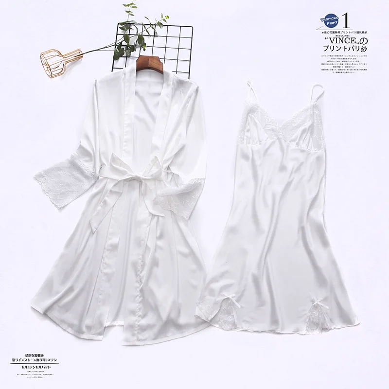 

Women Summer Robe Set Sexy Lace 2PCS Sleepwear Satin Kimono Gown Female Silky Sleep Set Solid Bathrobe Gown Home Dressing Gown