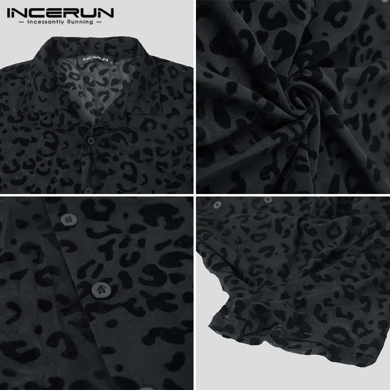 

INCERUN Fashion Sexy Men Mesh Shirt Short Sleeve Leopard Print 2021 Transparent Lapel Camisas Streetwear Party Nightclub Shirts