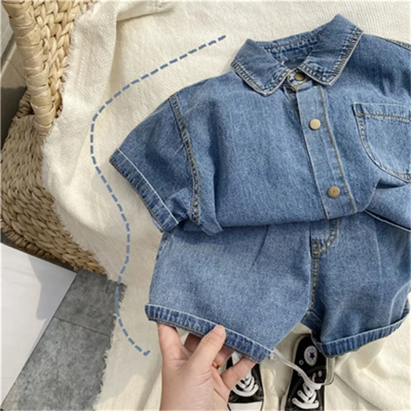 

2021 hot-selling children's clothing summer denim short-sleeved shorts fashion suit boys and girls loose casual thin