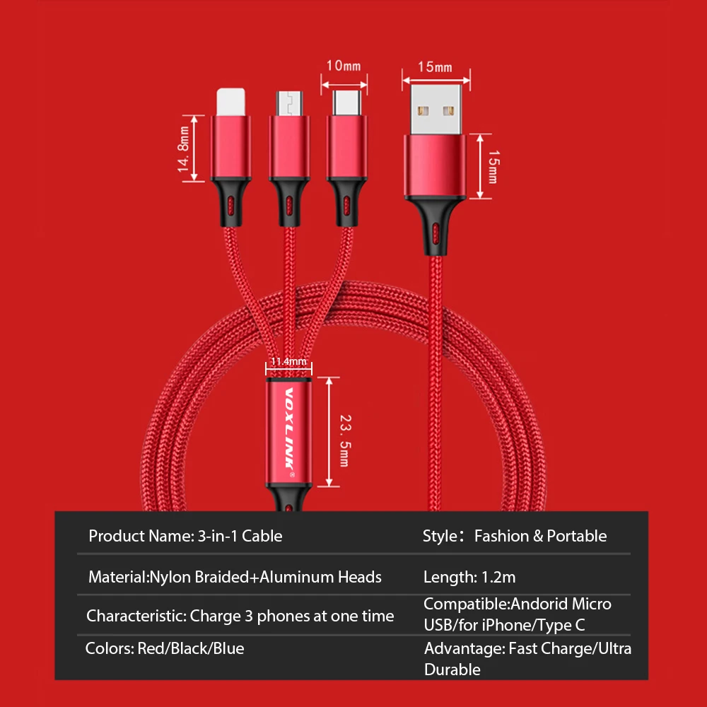 3 в 1 USB кабель VOXLINK 5 упаковке зарядный Micro Type C для быстрой зарядки iPhone Samsung Huawei Xiaomi