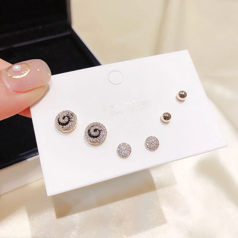 MIGGA 3 Pairs CZ Crystal Paved Round Stud Earrings Set Gold Color Cubic Zircon Women Jewelry | Украшения и аксессуары