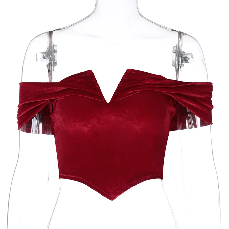 

European and American style 2021 spring women's new pure velvet one line collar sexy slim back top wholesale